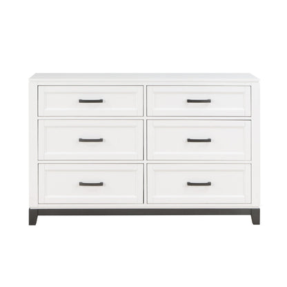 Thiem 61 Inch Wide Dresser, 6 Drawers with Black Handles, White Wood Finish