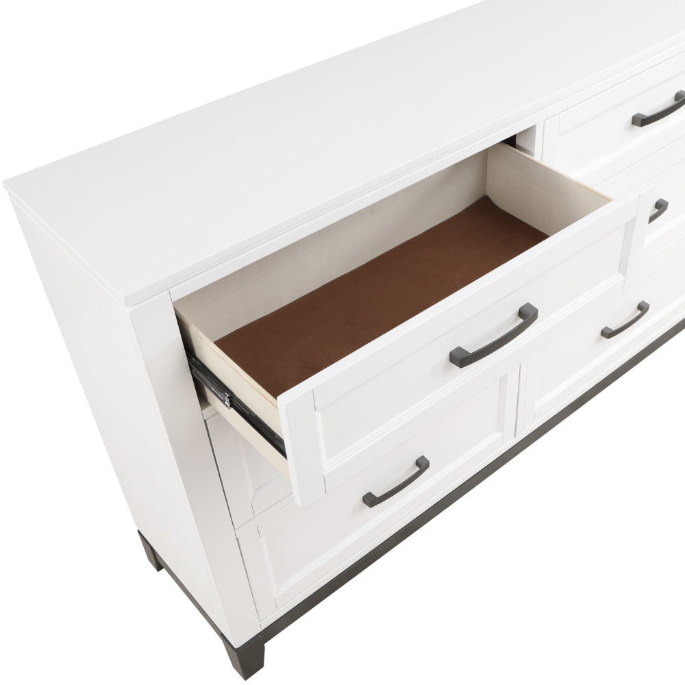 Thiem 61 Inch Wide Dresser, 6 Drawers with Black Handles, White Wood Finish
