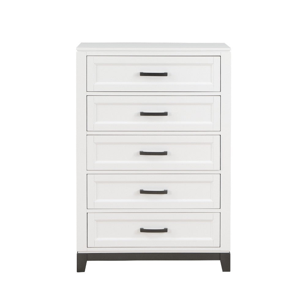 Thiem 51 Inch Tall Dresser Chest with 5 Drawers, Black Handles, White Wood