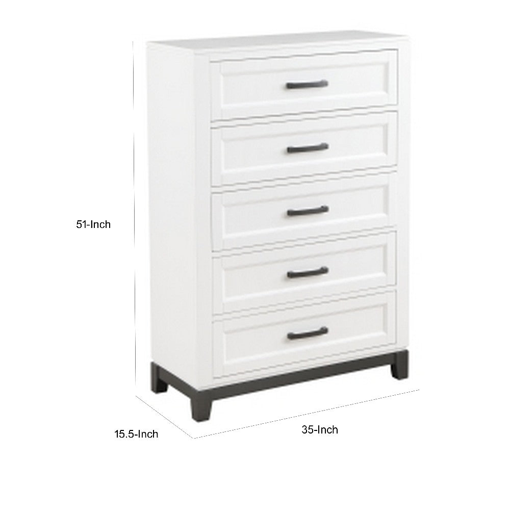 Thiem 51 Inch Tall Dresser Chest with 5 Drawers, Black Handles, White Wood