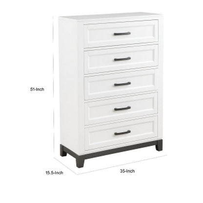 Thiem 51 Inch Tall Dresser Chest with 5 Drawers, Black Handles, White Wood