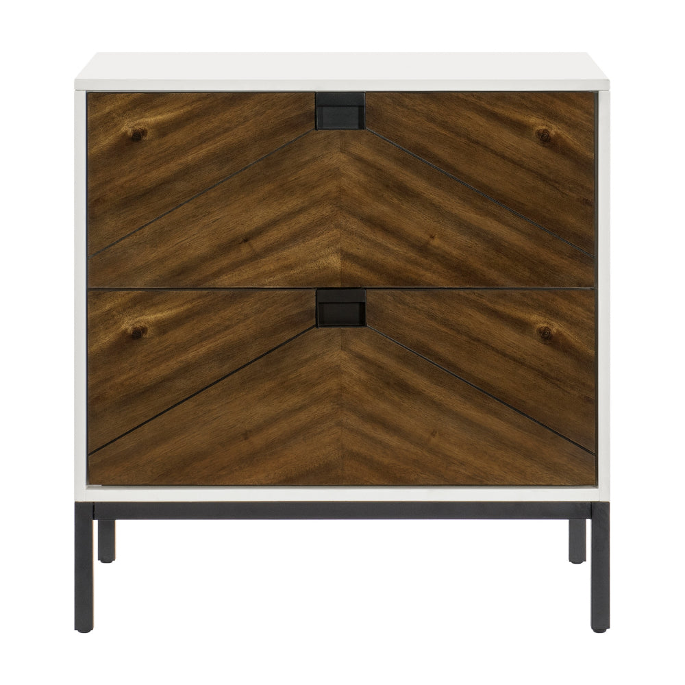 Jem 30 Inch Nightstand, 2 Drawers, Pocket Handles, Brown and White Wood