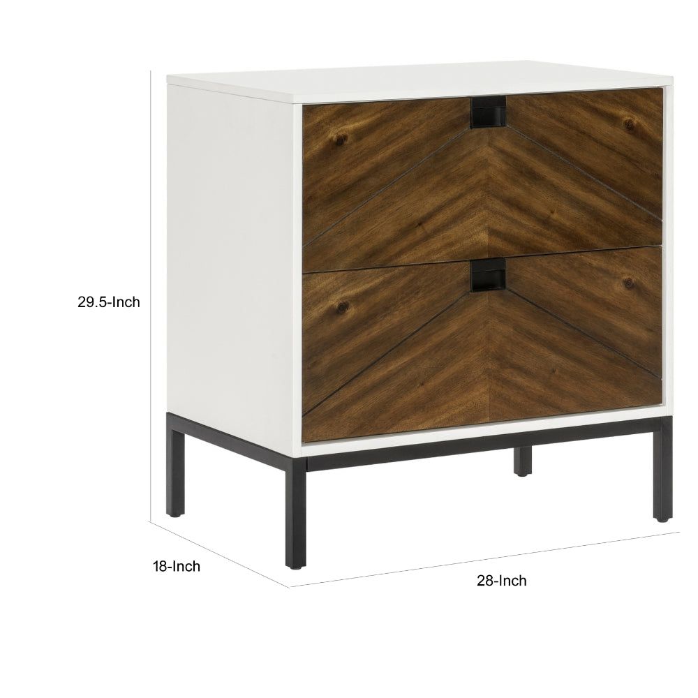 Jem 30 Inch Nightstand, 2 Drawers, Pocket Handles, Brown and White Wood