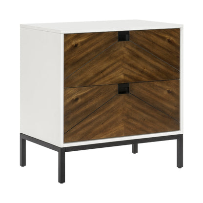 Jem 30 Inch Nightstand, 2 Drawers, Pocket Handles, Brown and White Wood