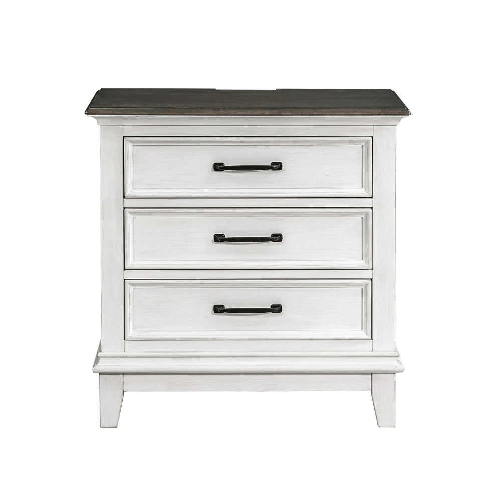 Woki 29 Inch Nightstand, 3 Drawers, USB Port, White, Brown Solid Wood
