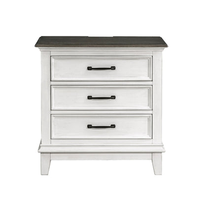 Woki 29 Inch Nightstand, 3 Drawers, USB Port, White, Brown Solid Wood