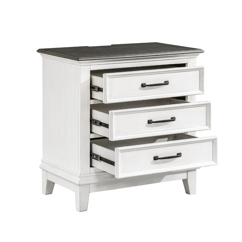 Woki 29 Inch Nightstand, 3 Drawers, USB Port, White, Brown Solid Wood