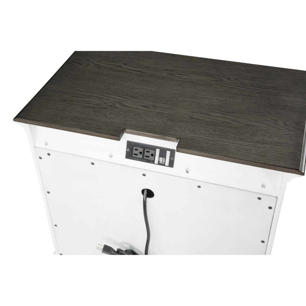Woki 29 Inch Nightstand, 3 Drawers, USB Port, White, Brown Solid Wood
