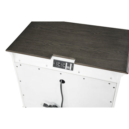 Woki 29 Inch Nightstand, 3 Drawers, USB Port, White, Brown Solid Wood