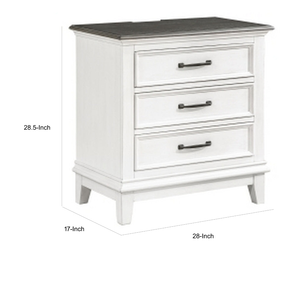 Woki 29 Inch Nightstand, 3 Drawers, USB Port, White, Brown Solid Wood