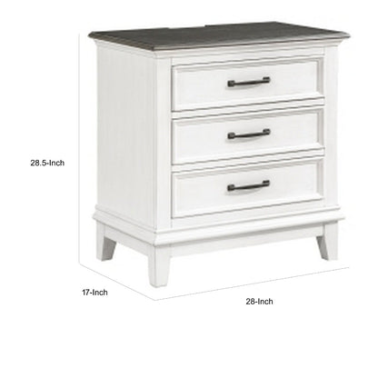 Woki 29 Inch Nightstand, 3 Drawers, USB Port, White, Brown Solid Wood