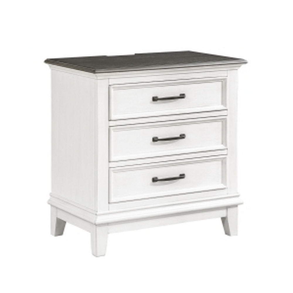 Woki 29 Inch Nightstand, 3 Drawers, USB Port, White, Brown Solid Wood