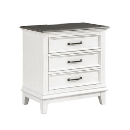 Woki 29 Inch Nightstand, 3 Drawers, USB Port, White, Brown Solid Wood