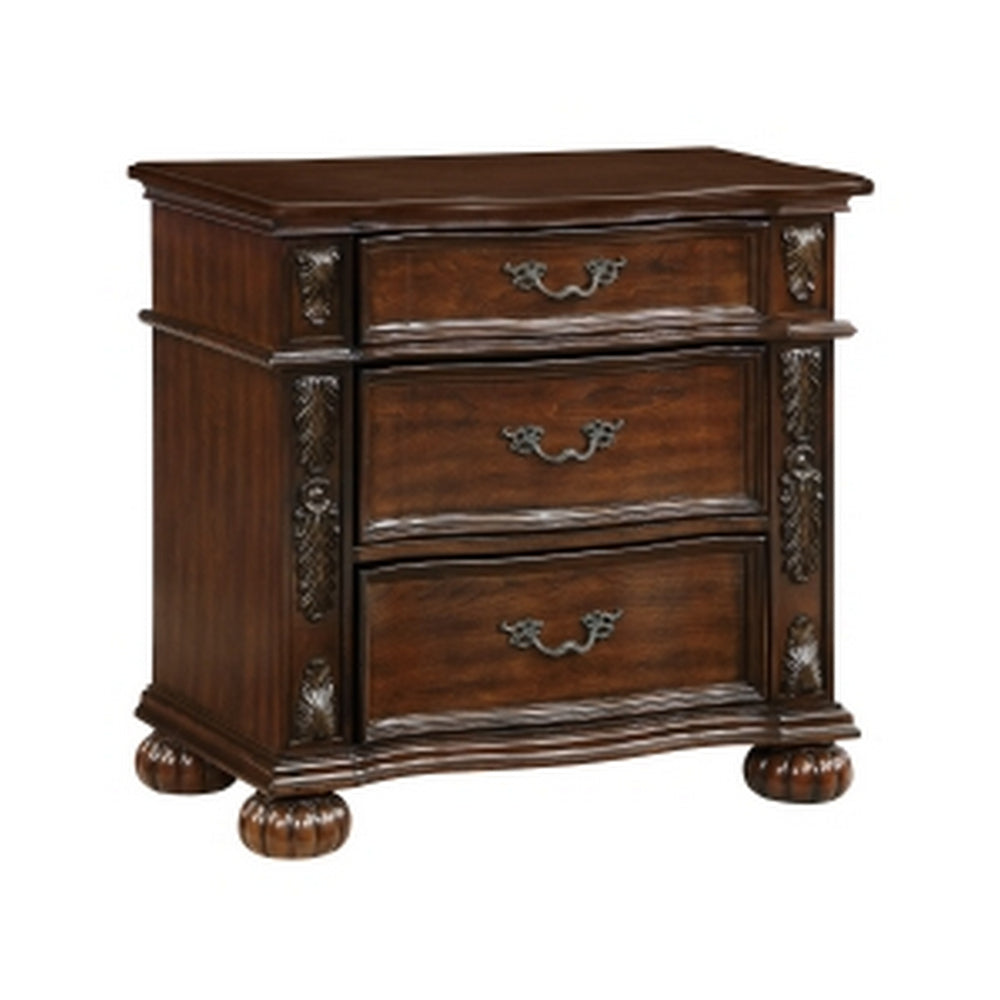 Nami 32 Inch Nightstand, 3 Drawers, Leaf Carvings, Cherry Brown Solid Wood