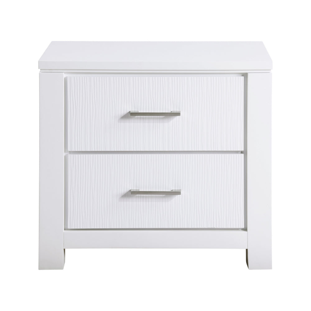 Roni 26 Inch Nightstand, 2 Drawers, Embossed Design, White Solid Wood