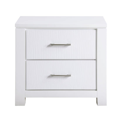Roni 26 Inch Nightstand, 2 Drawers, Embossed Design, White Solid Wood