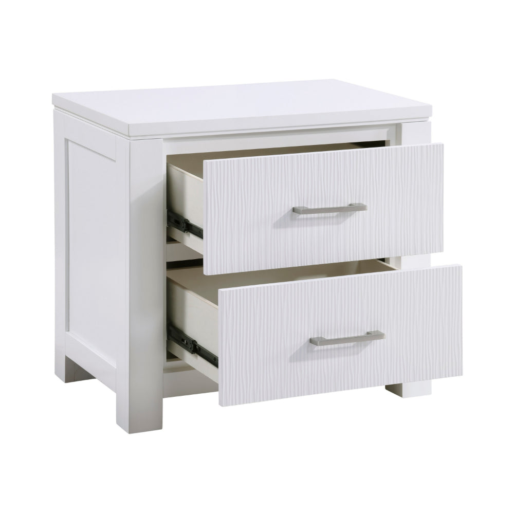 Roni 26 Inch Nightstand, 2 Drawers, Embossed Design, White Solid Wood