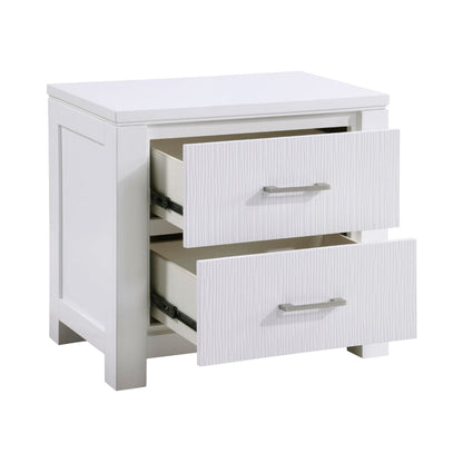 Roni 26 Inch Nightstand, 2 Drawers, Embossed Design, White Solid Wood