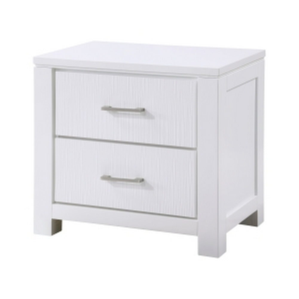 Roni 26 Inch Nightstand, 2 Drawers, Embossed Design, White Solid Wood