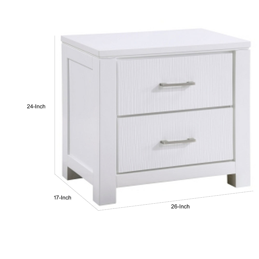 Roni 26 Inch Nightstand, 2 Drawers, Embossed Design, White Solid Wood
