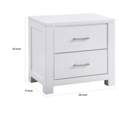 Roni 26 Inch Nightstand, 2 Drawers, Embossed Design, White Solid Wood