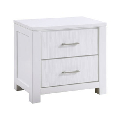 Roni 26 Inch Nightstand, 2 Drawers, Embossed Design, White Solid Wood