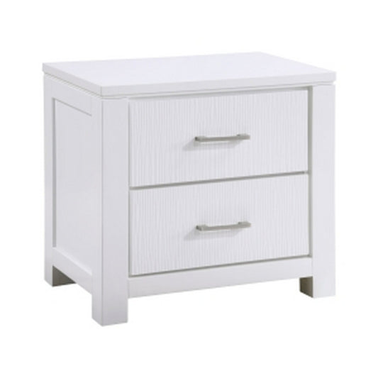 Roni 26 Inch Nightstand, 2 Drawers, Embossed Design, White Solid Wood