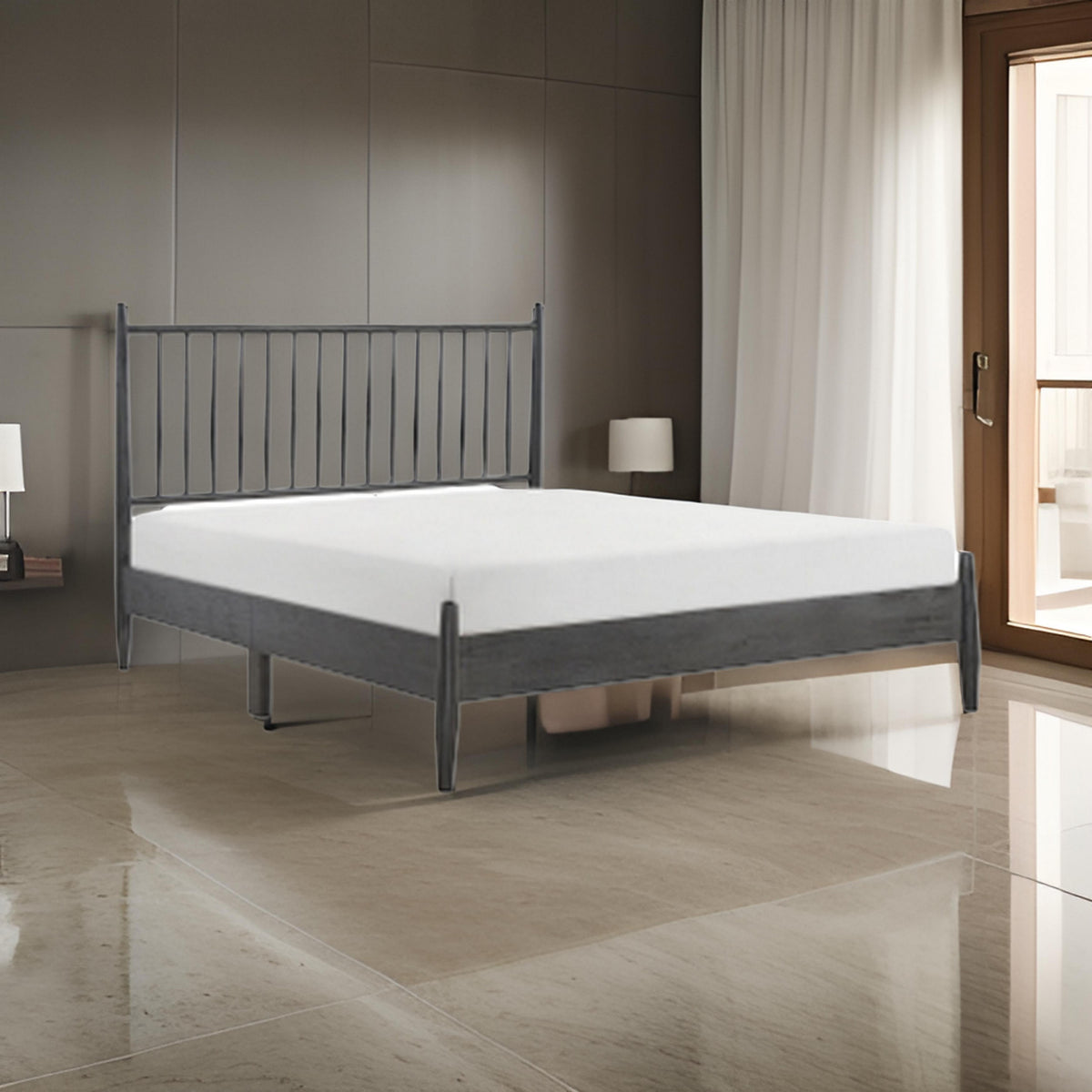 Lika Queen Size Platform Bed, Vertical Slatted Headboard, Gray Finish