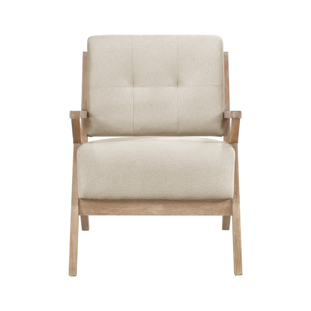 Edra 33 Inch Accent Armchair, Rubberwood Frame, Cushioned Beige Polyester