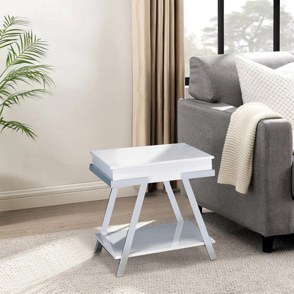 Tius 26 Inch Side End Table, Open Shelf, Chrome, High Gloss White Finish