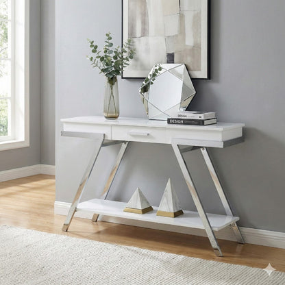 Tius 48 Inch Sofa Table, Open Shelf, Chrome Frame, High Gloss White Finish
