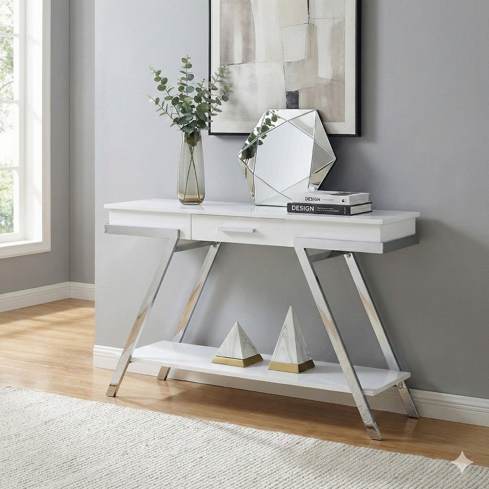 Tius 48 Inch Sofa Table, Open Shelf, Chrome Frame, High Gloss White Finish