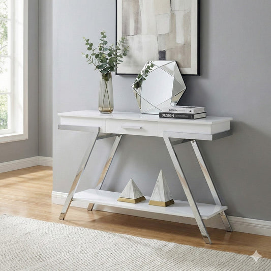Tius 48 Inch Sofa Table, Open Shelf, Chrome Frame, High Gloss White Finish