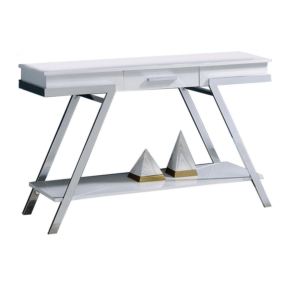 Tius 48 Inch Sofa Table, Open Shelf, Chrome Frame, High Gloss White Finish
