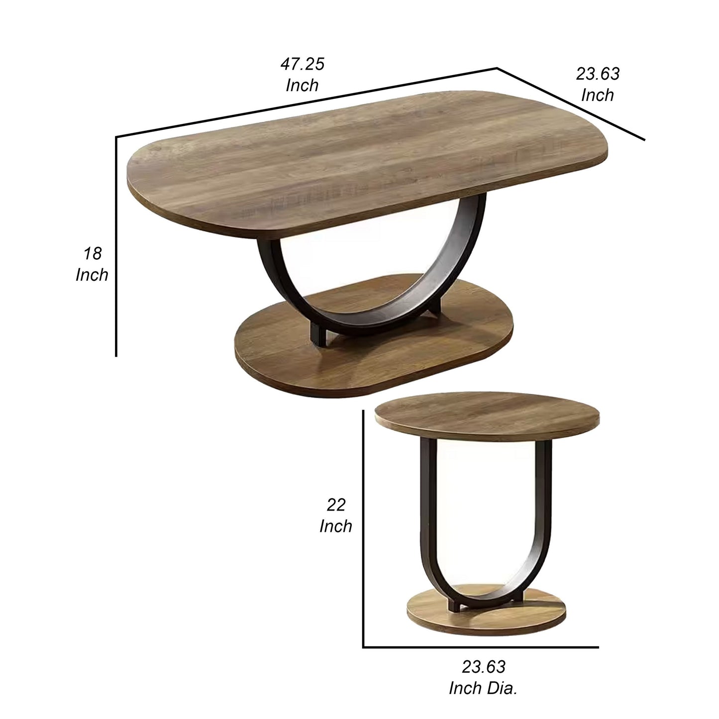 Obin 3 Piece Coffee and End Table Set, Brown MDF, Black U Shape Steel Base