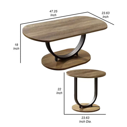 Obin 3 Piece Coffee and End Table Set, Brown MDF, Black U Shape Steel Base