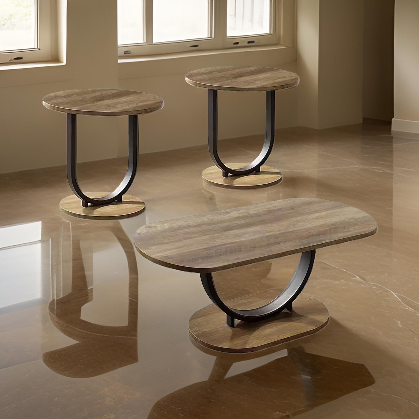 Obin 3 Piece Coffee and End Table Set, Brown MDF, Black U Shape Steel Base
