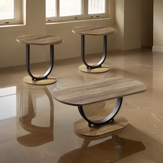 Obin 3 Piece Coffee and End Table Set, Brown MDF, Black U Shape Steel Base