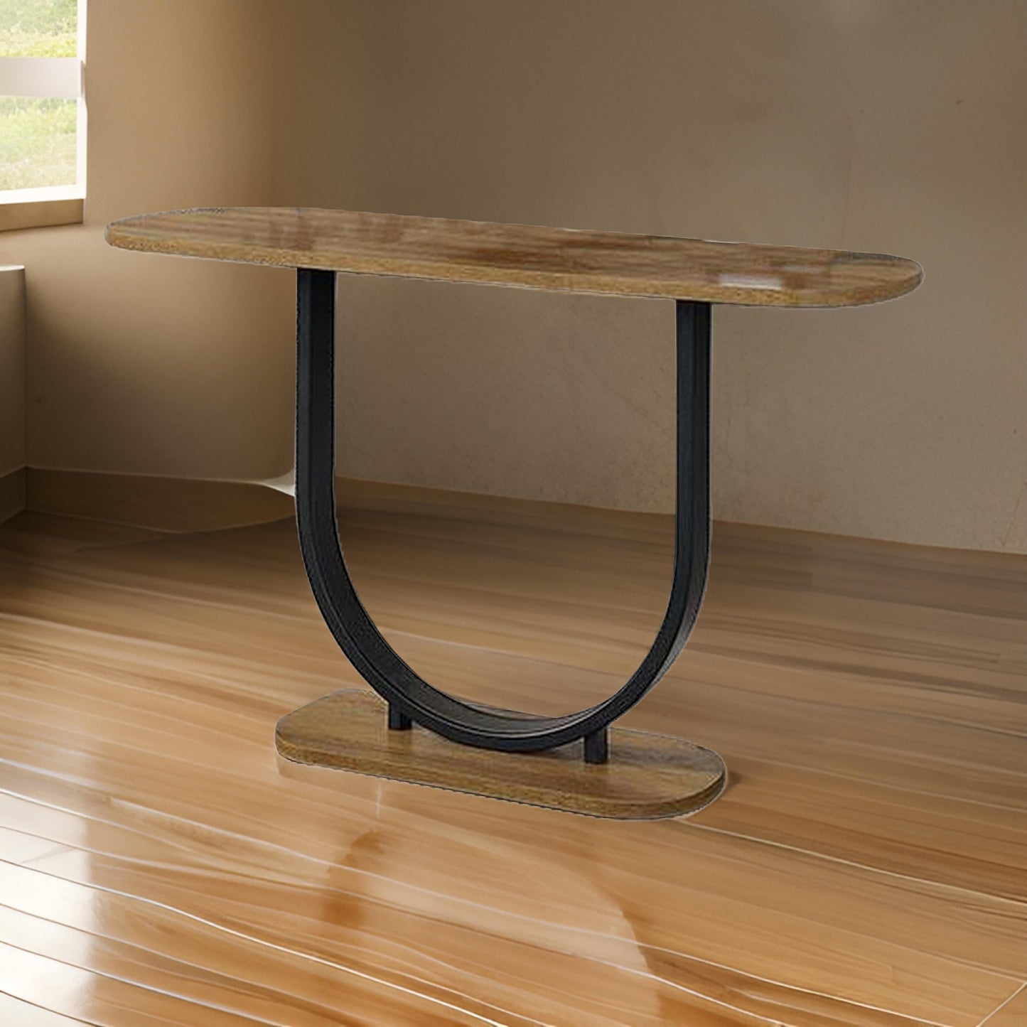 Obin 47 Inch Sofa Table, Rustic Oak Brown MDF, Black U Shape Steel Base