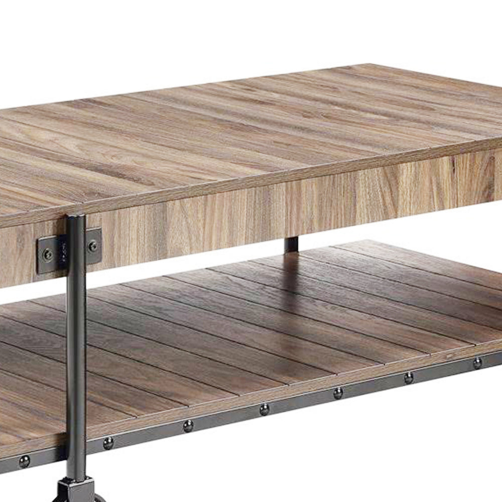 Loak 47 Inch Coffee Table, Brown Plank Top, Bottom Shelf, Wheels, Black