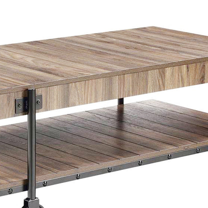 Loak 47 Inch Coffee Table, Brown Plank Top, Bottom Shelf, Wheels, Black