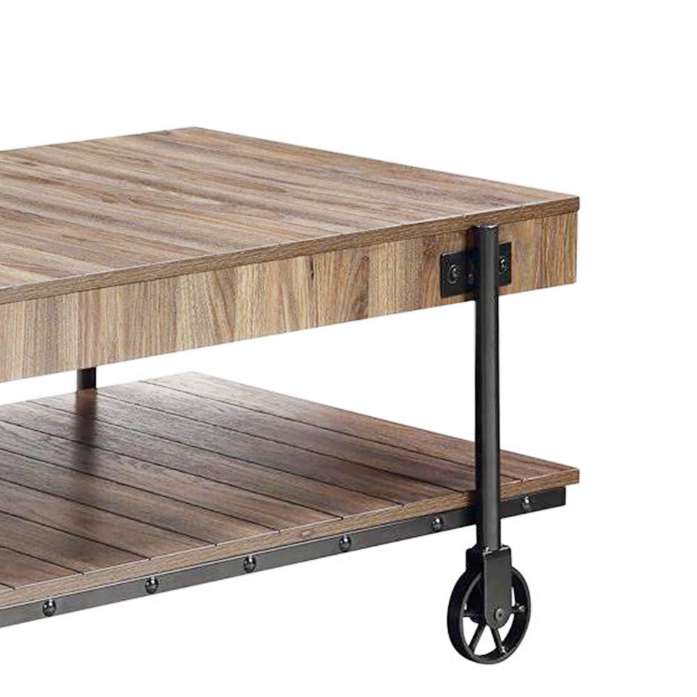 Loak 47 Inch Coffee Table, Brown Plank Top, Bottom Shelf, Wheels, Black