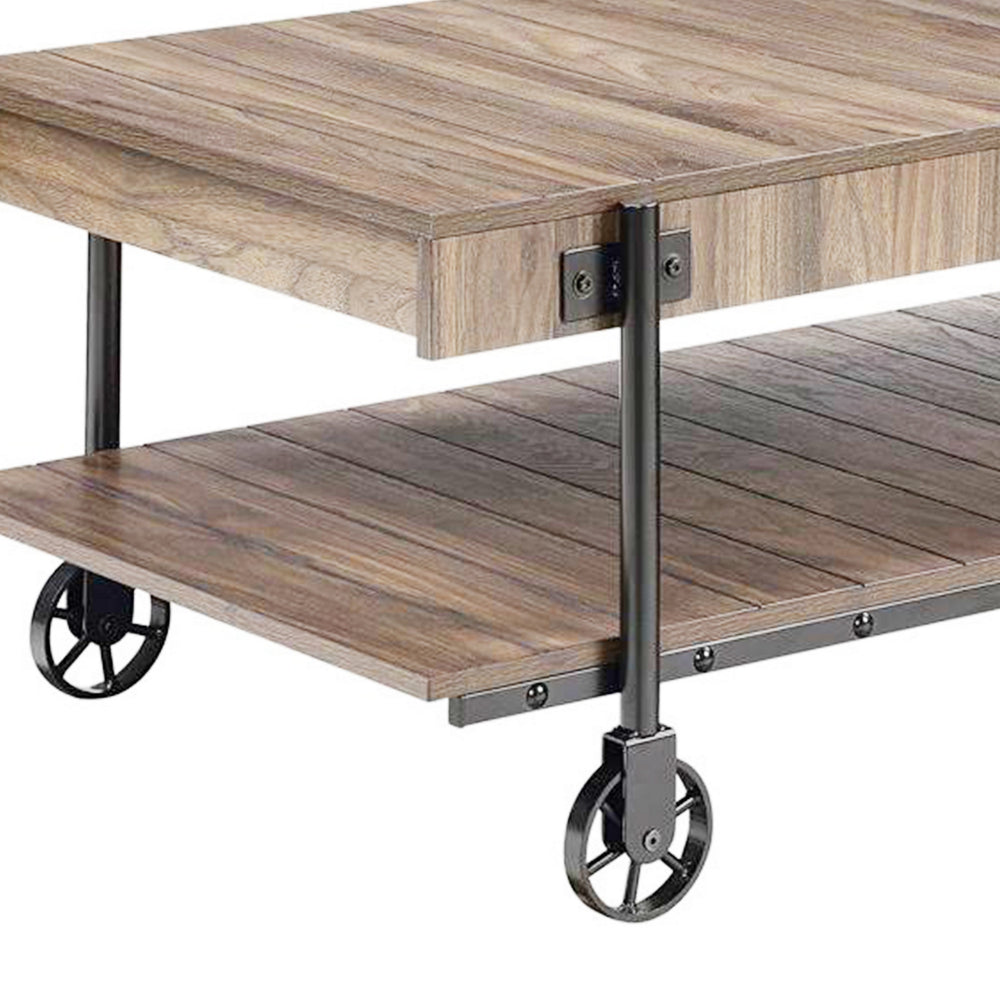Loak 47 Inch Coffee Table, Brown Plank Top, Bottom Shelf, Wheels, Black
