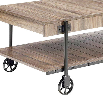 Loak 47 Inch Coffee Table, Brown Plank Top, Bottom Shelf, Wheels, Black