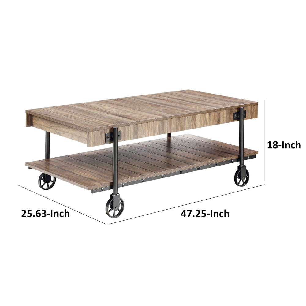 Loak 47 Inch Coffee Table, Brown Plank Top, Bottom Shelf, Wheels, Black