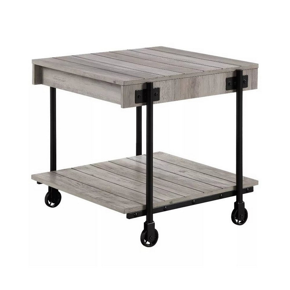 Loak 24 Inch Side End Table, Plank Design, Caster Wheels, Brown, Black