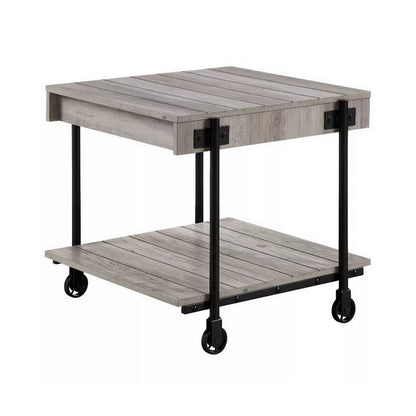 Loak 24 Inch Side End Table, Plank Design, Caster Wheels, Brown, Black