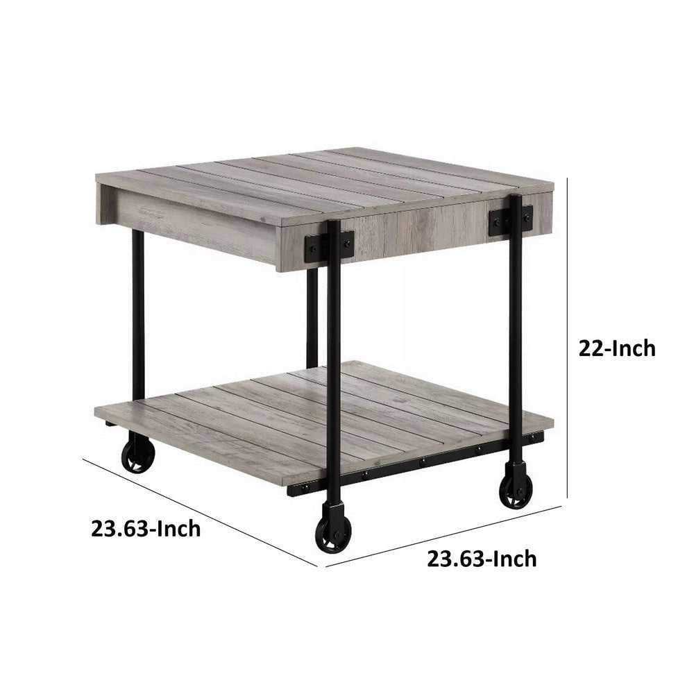Loak 24 Inch Side End Table, Plank Design, Caster Wheels, Brown, Black