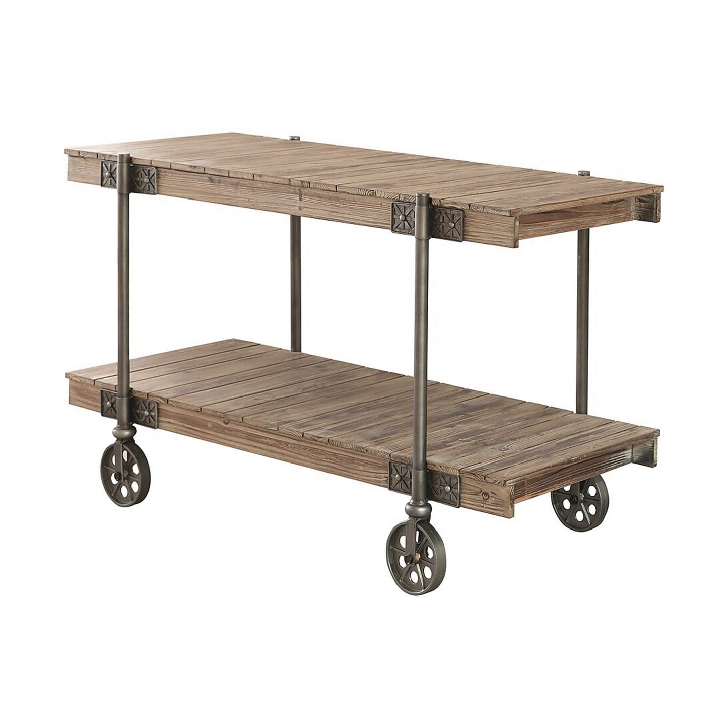 Loak 47 Inch Sofa Table, Plank Design, 1 Shelf, Wheels, Brown, Black