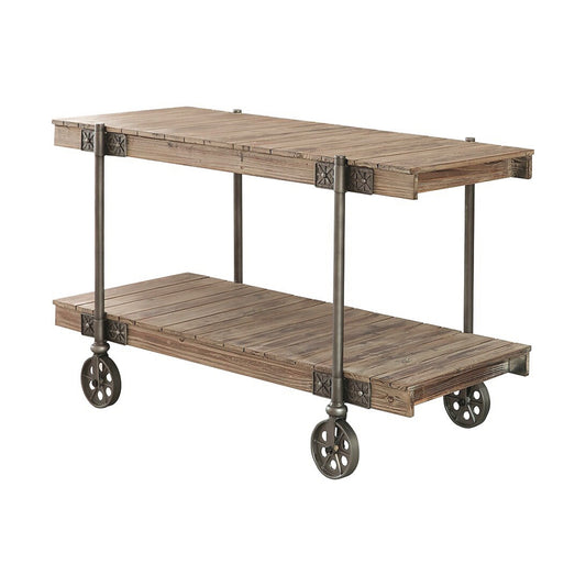 Loak 47 Inch Sofa Table, Plank Design, 1 Shelf, Wheels, Brown, Black
